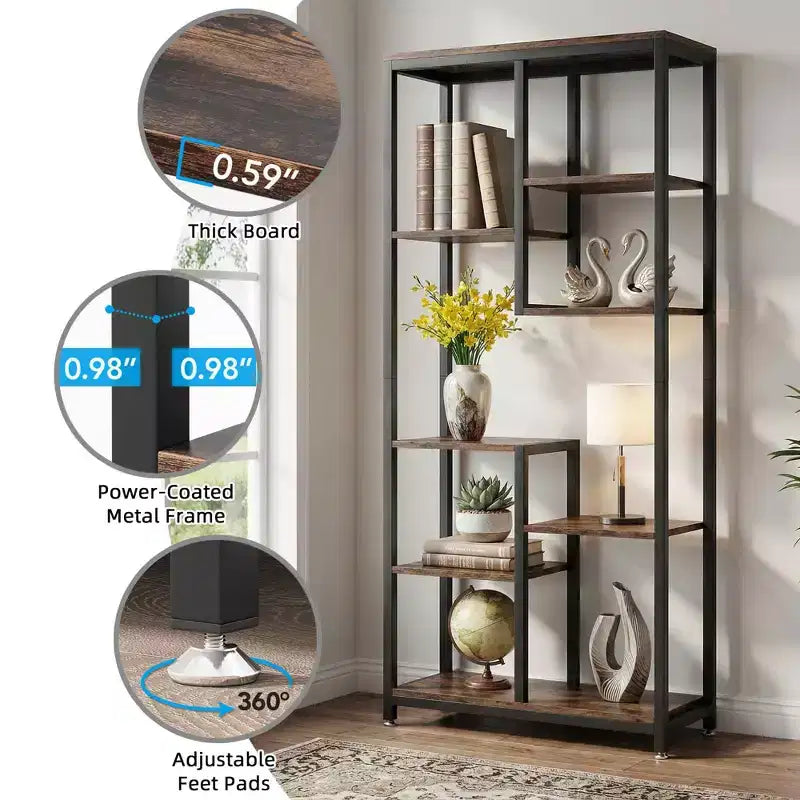 Estantería industrial escalonada MAYEERTY de 8 niveles, grano de madera vintage y estantería con estructura de metal negro