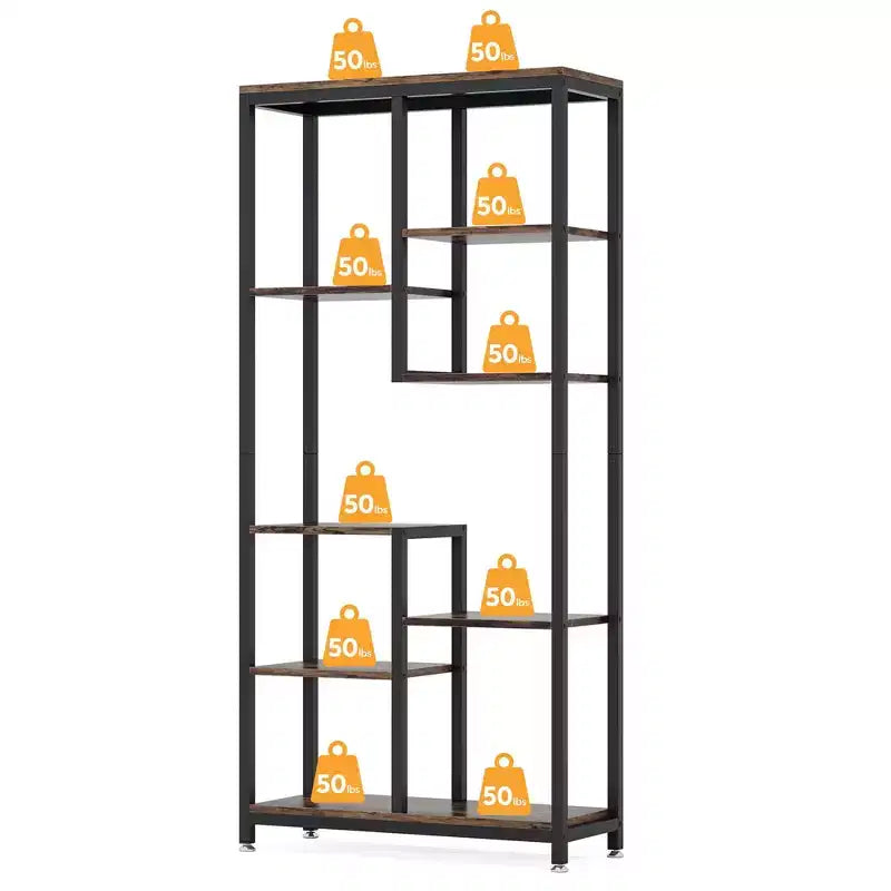 Estantería industrial escalonada MAYEERTY de 8 niveles, grano de madera vintage y estantería con estructura de metal negro
