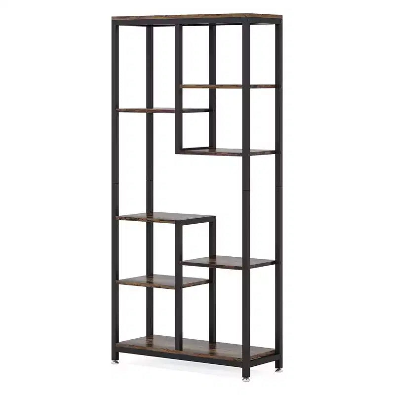 Estantería industrial escalonada MAYEERTY de 8 niveles, grano de madera vintage y estantería con estructura de metal negro