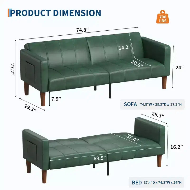 Acekool Sofá Cama Futón de 75 Pulgadas, Sofá Convertible de Piel Sintética, Sofá de Dos Plazas Moderno de Mediados de Siglo para Espacios Pequeños, Sala de Estar, Dormitorio, Verde