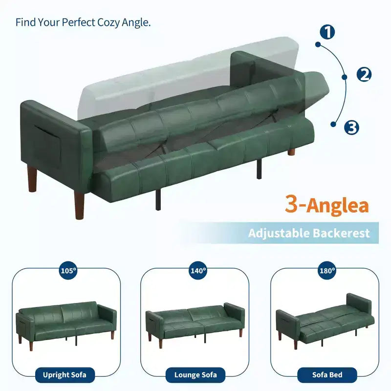Acekool Sofá Cama Futón de 75 Pulgadas, Sofá Convertible de Piel Sintética, Sofá de Dos Plazas Moderno de Mediados de Siglo para Espacios Pequeños, Sala de Estar, Dormitorio, Verde