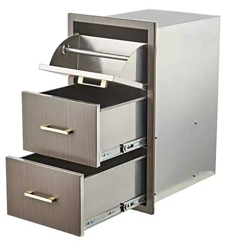 Cajones para cocina exterior de 17 an. x 30 al. x 21 prof., cajones triples de montaje empotrado para barbacoa con tirador de acero inoxidable, combo de portarrollos de papel de cocina para isla de barbacoa