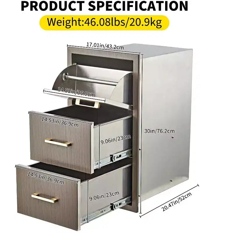Cajones para cocina exterior de 17 an. x 30 al. x 21 prof., cajones triples de montaje empotrado para barbacoa con tirador de acero inoxidable, combo de portarrollos de papel de cocina para isla de barbacoa