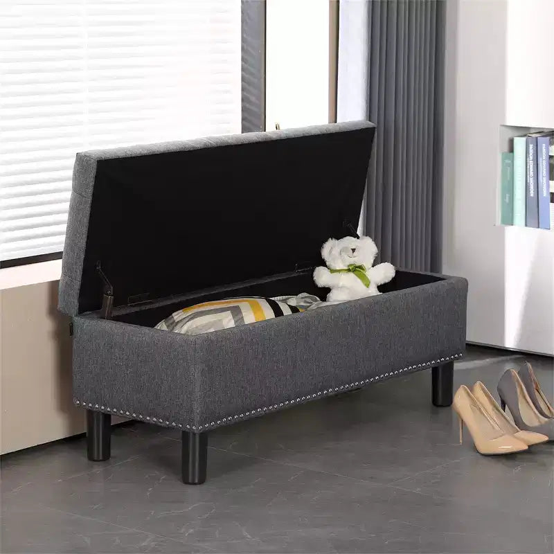 Banco de almacenamiento rectangular de alta capacidad con tapizado de lino capitoné Furniliving, con botones, para dormitorio/entrada/pasillo