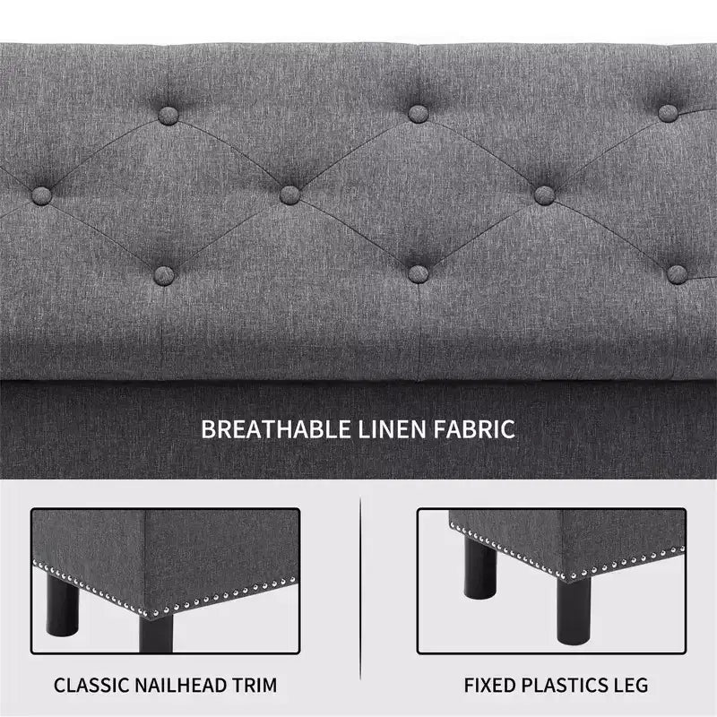 Banco de almacenamiento rectangular de alta capacidad con tapizado de lino capitoné Furniliving, con botones, para dormitorio/entrada/pasillo