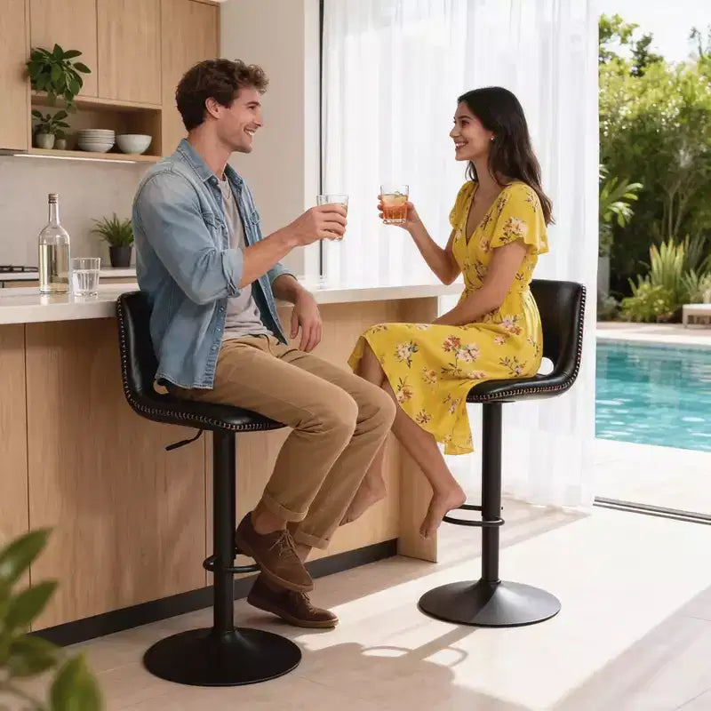 Juego de 2 Taburetes de Bar Modernos Ajustables Giratorios con Respaldo, Sillas de Mostrador de Cuero Sintético para Isla de Cocina, Comedor o Sala de Estar