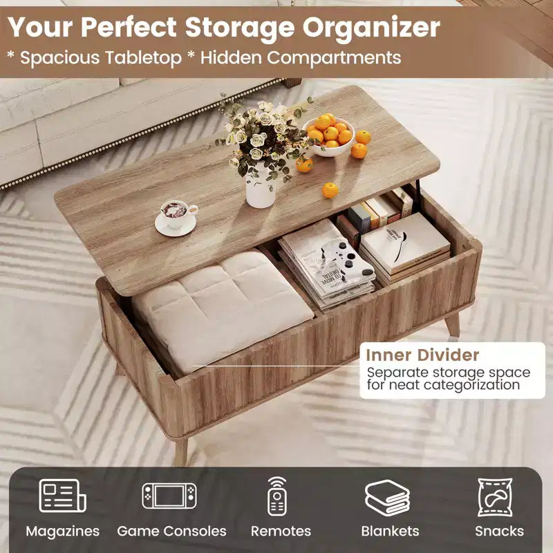 Mesa de centro elevable acanalada Costway de 43.5'' con compartimentos ocultos para el hogar