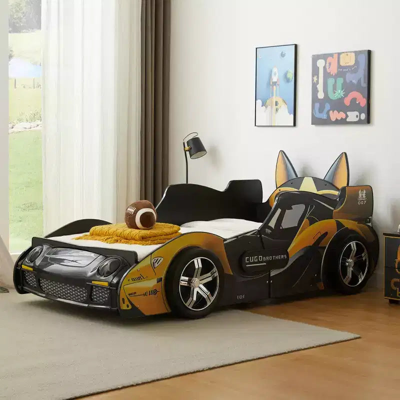 Cama moderna con diseño de coche de carreras de dibujos animados GDFStudio Fauna tamaño Twin con faros LED