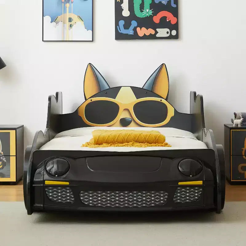Cama moderna con diseño de coche de carreras de dibujos animados GDFStudio Fauna tamaño Twin con faros LED