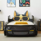 Cama moderna con diseño de coche de carreras de dibujos animados GDFStudio Fauna tamaño Twin con faros LED