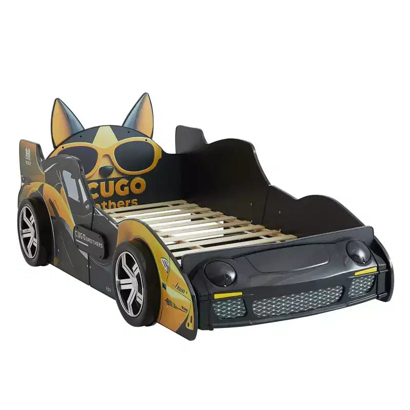 Cama moderna con diseño de coche de carreras de dibujos animados GDFStudio Fauna tamaño Twin con faros LED