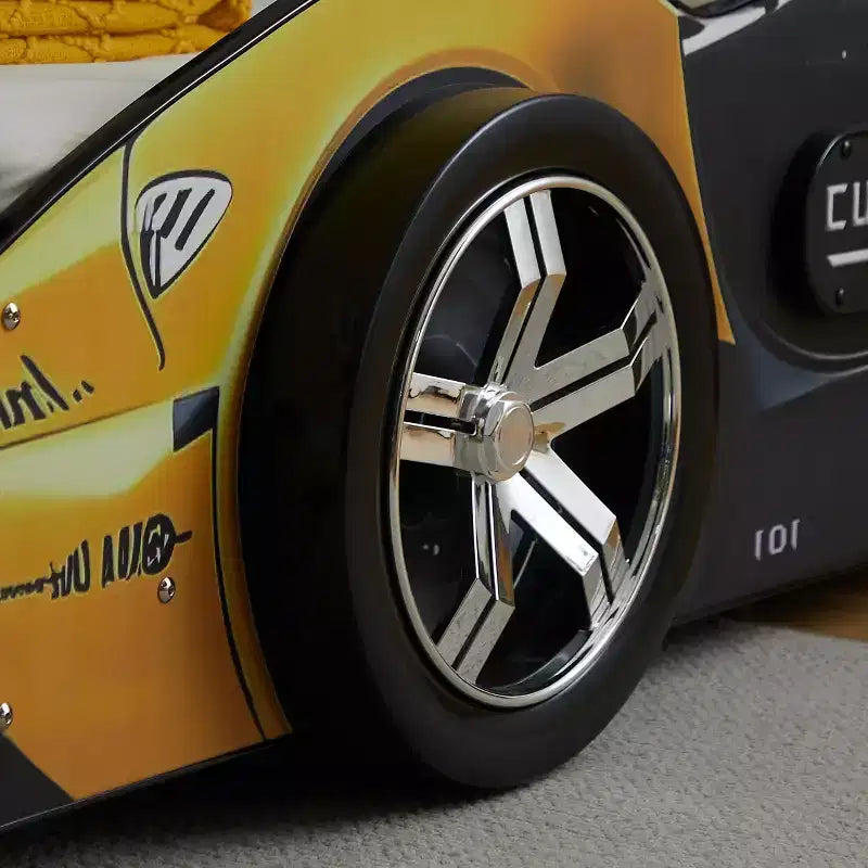 Cama moderna con diseño de coche de carreras de dibujos animados GDFStudio Fauna tamaño Twin con faros LED