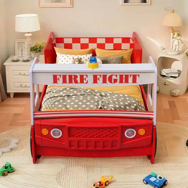 Cama GDFStudio Juna para niños con forma de camión de bomberos con luz LED, tamaño doble