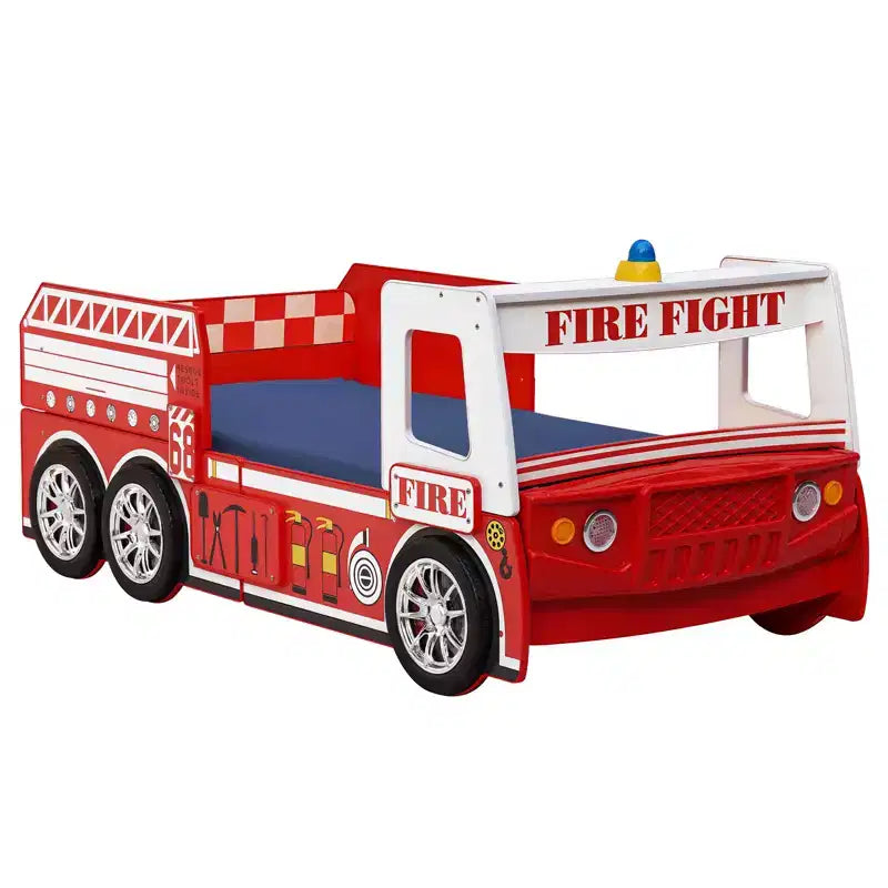 Cama GDFStudio Juna para niños con forma de camión de bomberos con luz LED, tamaño doble