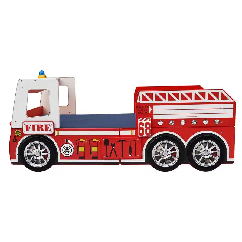 Cama GDFStudio Juna para niños con forma de camión de bomberos con luz LED, tamaño doble