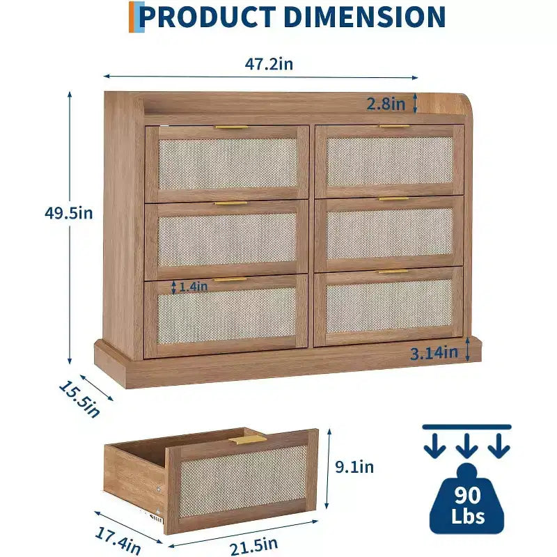 Cómoda de 6 cajones de estilo rústico para dormitorio, cómoda de ratán con almacenamiento, cómoda grande con tiradores dorados, para dormitorio/recibidor