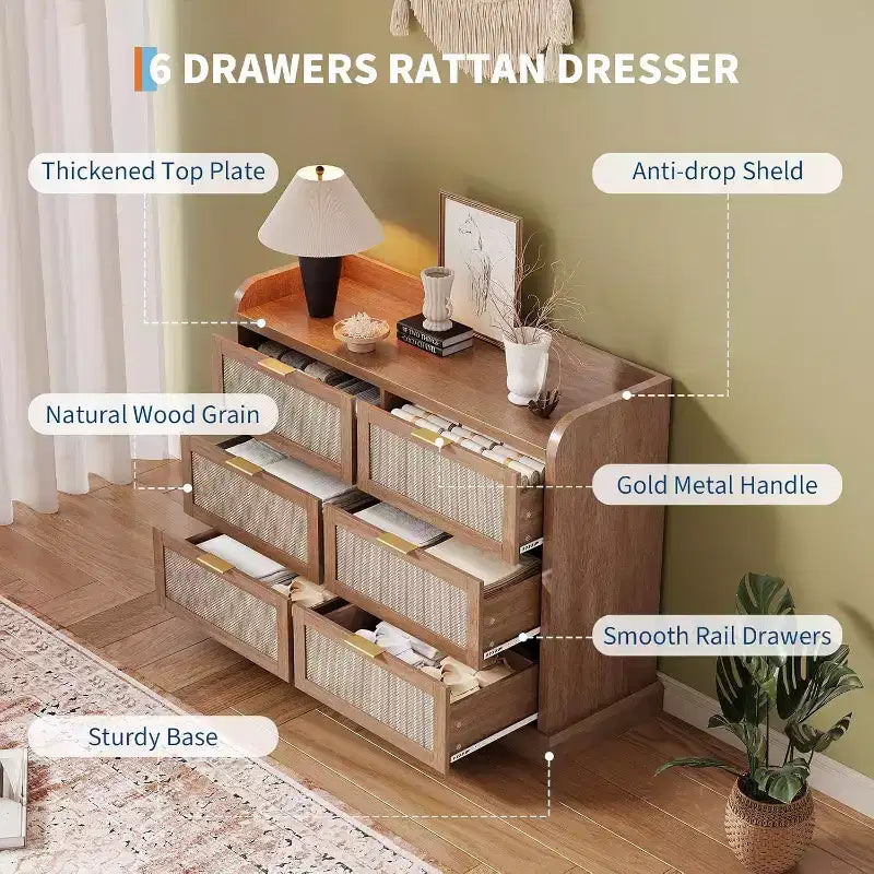Cómoda de 6 cajones de estilo rústico para dormitorio, cómoda de ratán con almacenamiento, cómoda grande con tiradores dorados, para dormitorio/recibidor