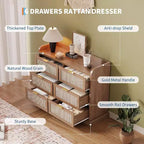 Cómoda de 6 cajones de estilo rústico para dormitorio, cómoda de ratán con almacenamiento, cómoda grande con tiradores dorados, para dormitorio/recibidor