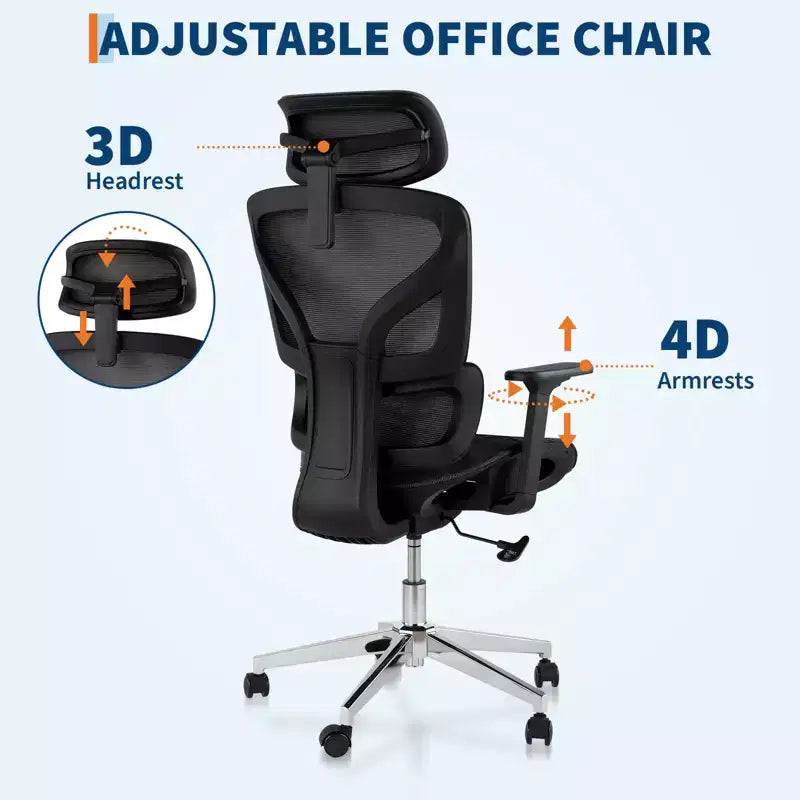 Silla de oficina ergonómica de malla, soporte lumbar, reposabrazos ajustables en 4D, ajuste de reclinación y altura, giro de 360°, silla de oficina para el hogar, silla de estudio para juegos