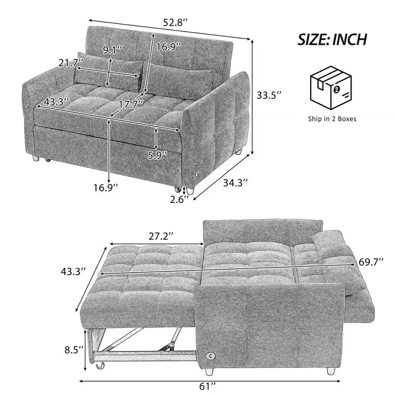 MAYEERTY 52.8 Sofá de dos plazas Sofá cama extraíble Acolchado con respaldo ajustable Dos almohadas lumbares para sala de estar Beige