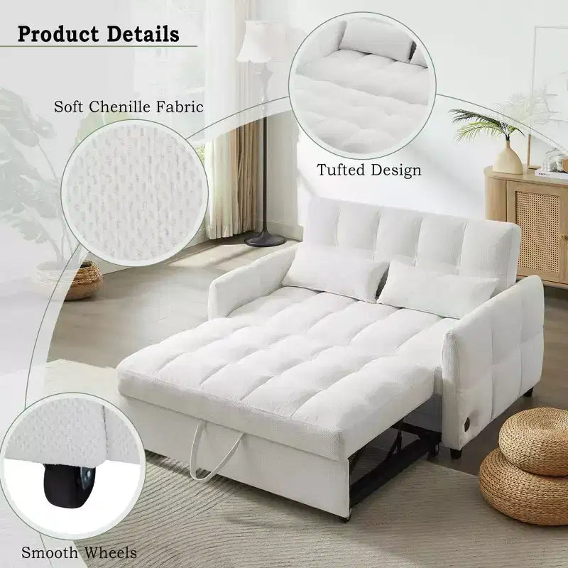 MAYEERTY 52.8 Sofá de dos plazas Sofá cama extraíble Acolchado con respaldo ajustable Dos almohadas lumbares para sala de estar Beige