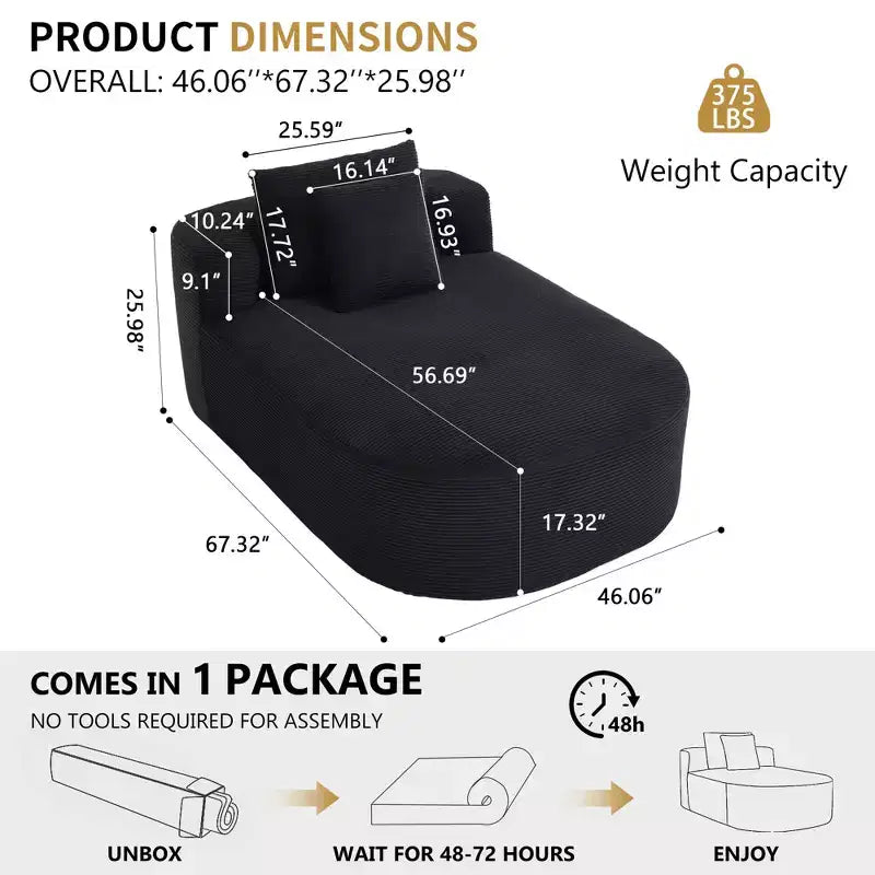 Tumbona de pana de 67.5 pulgadas, asiento ancho, sillón King de asiento profundo con 2 almohadas, sofá cama convertible sin marco para sala de estar