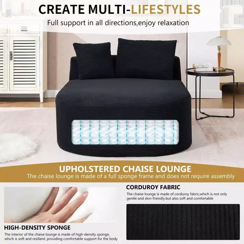Tumbona de pana de 67.5 pulgadas, asiento ancho, sillón King de asiento profundo con 2 almohadas, sofá cama convertible sin marco para sala de estar