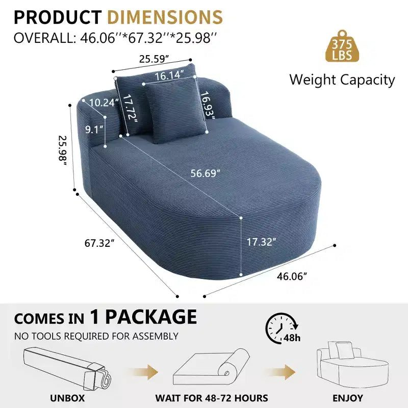 Tumbona de pana de 67.5 pulgadas, asiento ancho, sillón King de asiento profundo con 2 almohadas, sofá cama convertible sin marco para sala de estar