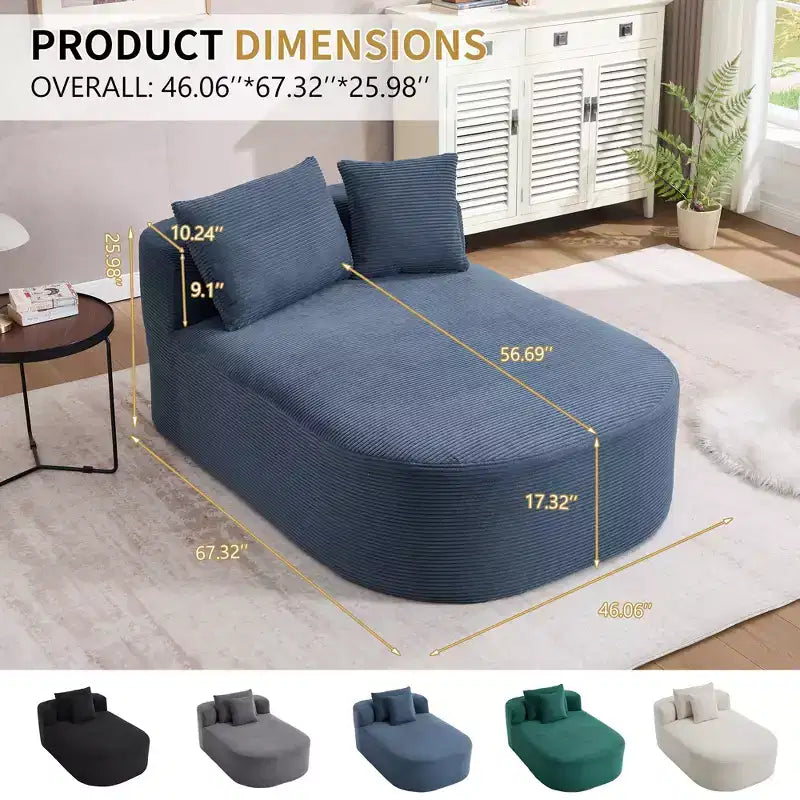 Tumbona de pana de 67.5 pulgadas, asiento ancho, sillón King de asiento profundo con 2 almohadas, sofá cama convertible sin marco para sala de estar