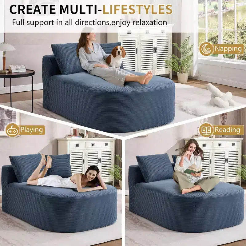 Tumbona de pana de 67.5 pulgadas, asiento ancho, sillón King de asiento profundo con 2 almohadas, sofá cama convertible sin marco para sala de estar