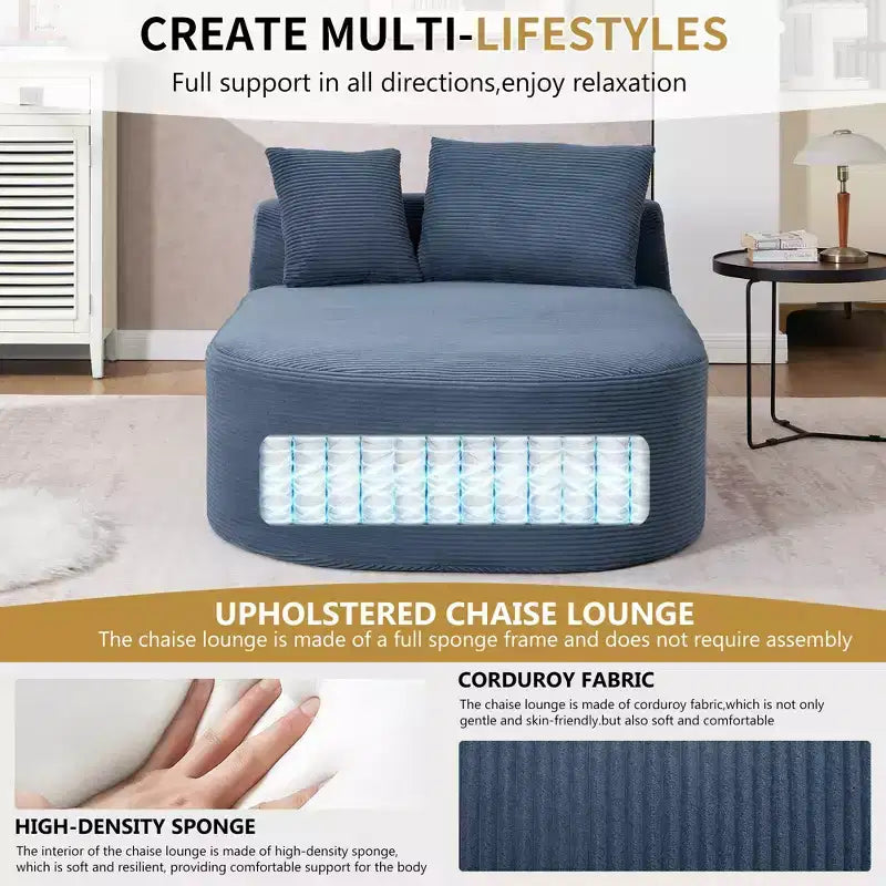 Tumbona de pana de 67.5 pulgadas, asiento ancho, sillón King de asiento profundo con 2 almohadas, sofá cama convertible sin marco para sala de estar