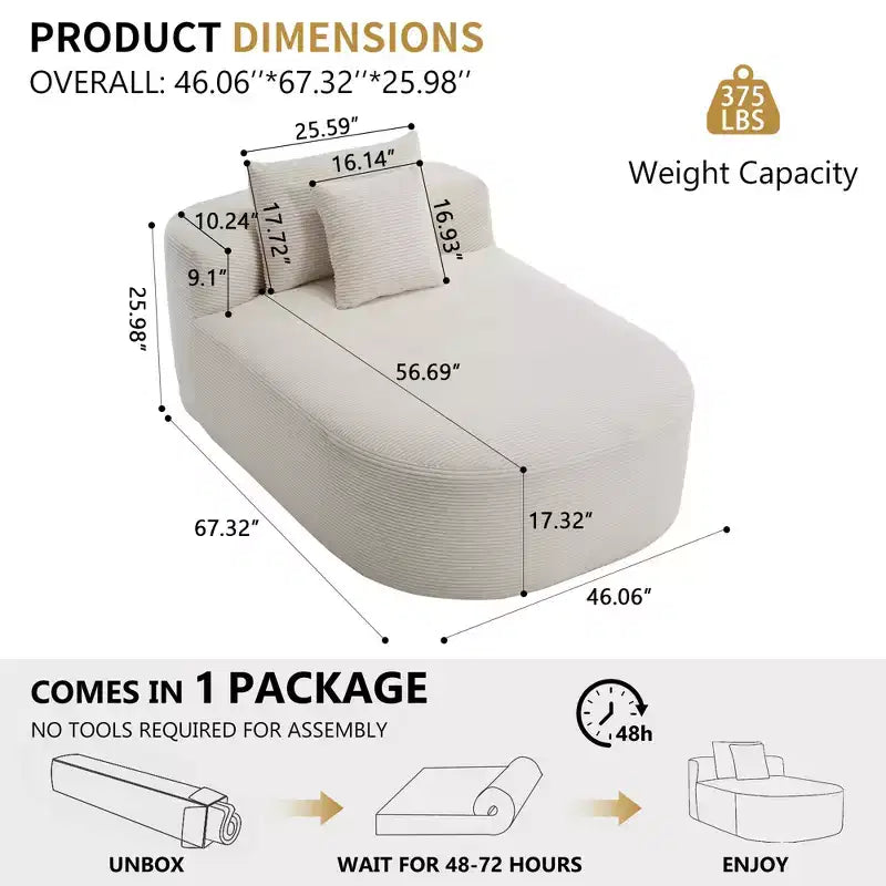 Tumbona de pana de 67.5 pulgadas, asiento ancho, sillón King de asiento profundo con 2 almohadas, sofá cama convertible sin marco para sala de estar