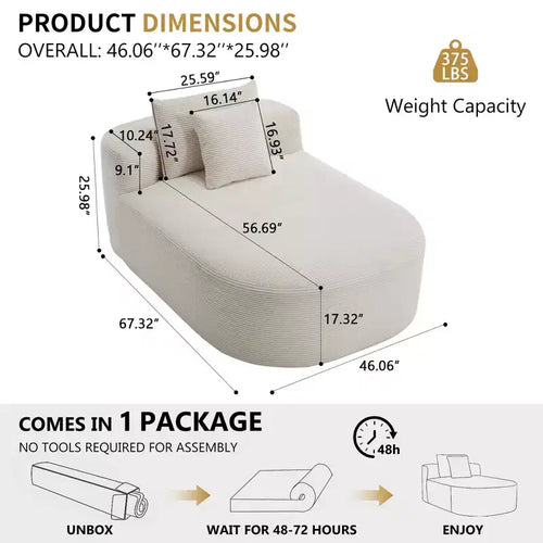 Tumbona de pana de 67.5 pulgadas, asiento ancho, sillón King de asiento profundo con 2 almohadas, sofá cama convertible sin marco para sala de estar
