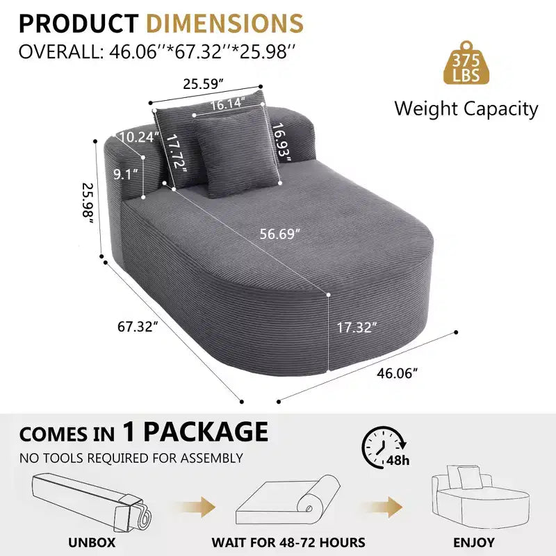 Tumbona de pana de 67.5 pulgadas, asiento ancho, sillón King de asiento profundo con 2 almohadas, sofá cama convertible sin marco para sala de estar