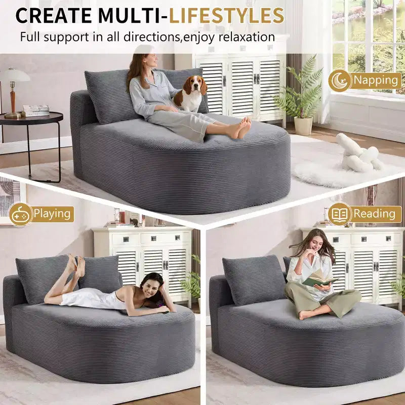 Tumbona de pana de 67.5 pulgadas, asiento ancho, sillón King de asiento profundo con 2 almohadas, sofá cama convertible sin marco para sala de estar