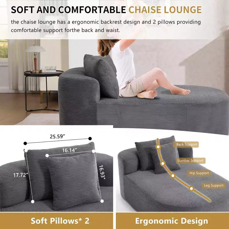 Tumbona de pana de 67.5 pulgadas, asiento ancho, sillón King de asiento profundo con 2 almohadas, sofá cama convertible sin marco para sala de estar