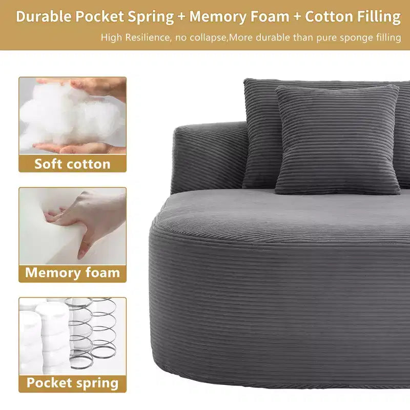 Tumbona de pana de 67.5 pulgadas, asiento ancho, sillón King de asiento profundo con 2 almohadas, sofá cama convertible sin marco para sala de estar