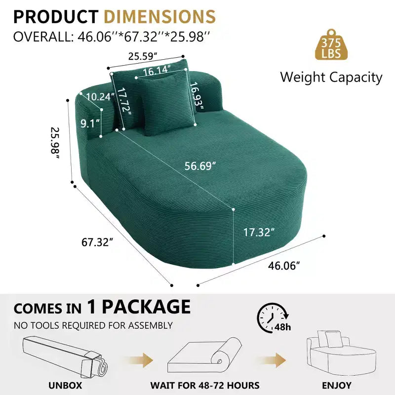 Tumbona de pana de 67.5 pulgadas, asiento ancho, sillón King de asiento profundo con 2 almohadas, sofá cama convertible sin marco para sala de estar