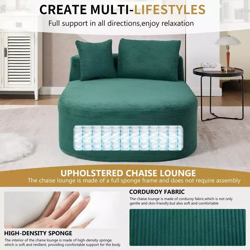 Tumbona de pana de 67.5 pulgadas, asiento ancho, sillón King de asiento profundo con 2 almohadas, sofá cama convertible sin marco para sala de estar