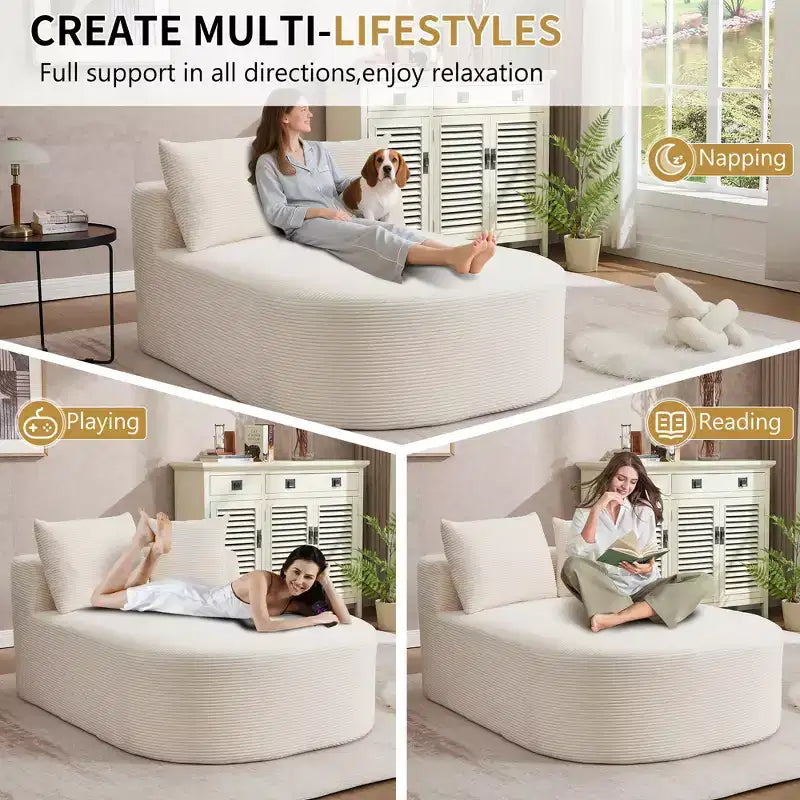 Tumbona de pana de 67.5 pulgadas, asiento ancho, sillón King de asiento profundo con 2 almohadas, sofá cama convertible sin marco para sala de estar