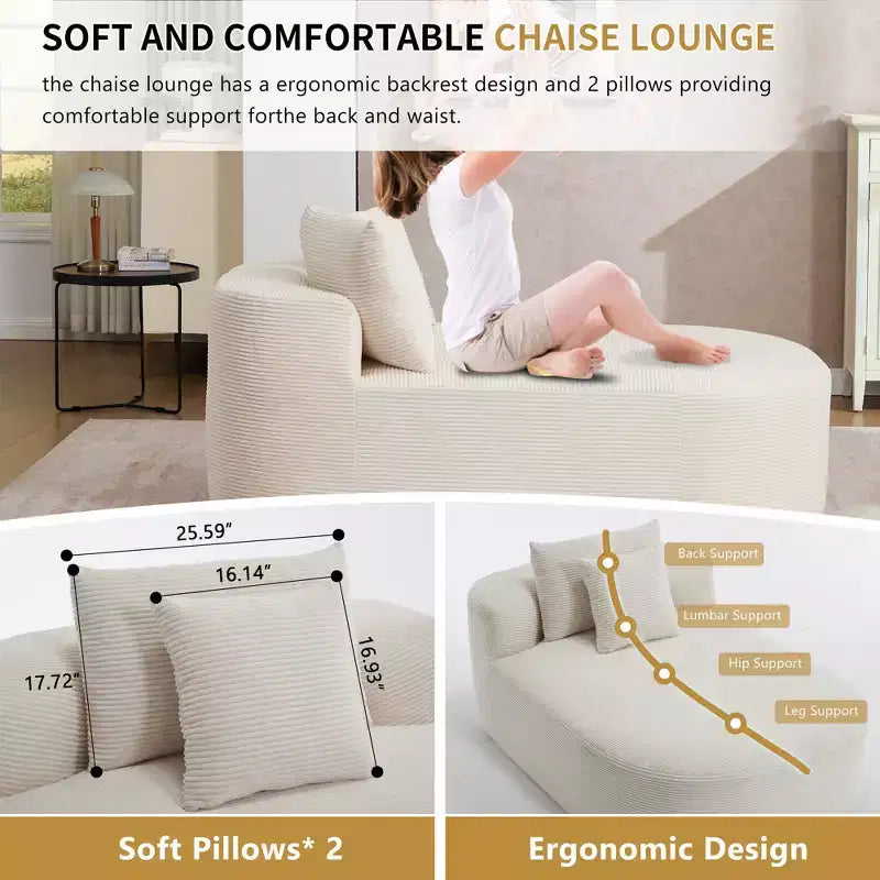 Tumbona de pana de 67.5 pulgadas, asiento ancho, sillón King de asiento profundo con 2 almohadas, sofá cama convertible sin marco para sala de estar