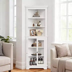 Mueble esquinero con puertas de cristal, estantes ajustables, mueble alto de almacenamiento independiente para baño y cocina, para espacios pequeños, organizador moderno blanco