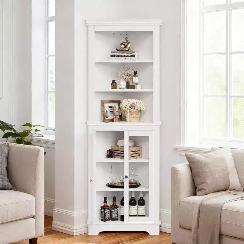 Mueble esquinero con puertas de cristal, estantes ajustables, mueble alto de almacenamiento independiente para baño y cocina, para espacios pequeños, organizador moderno blanco
