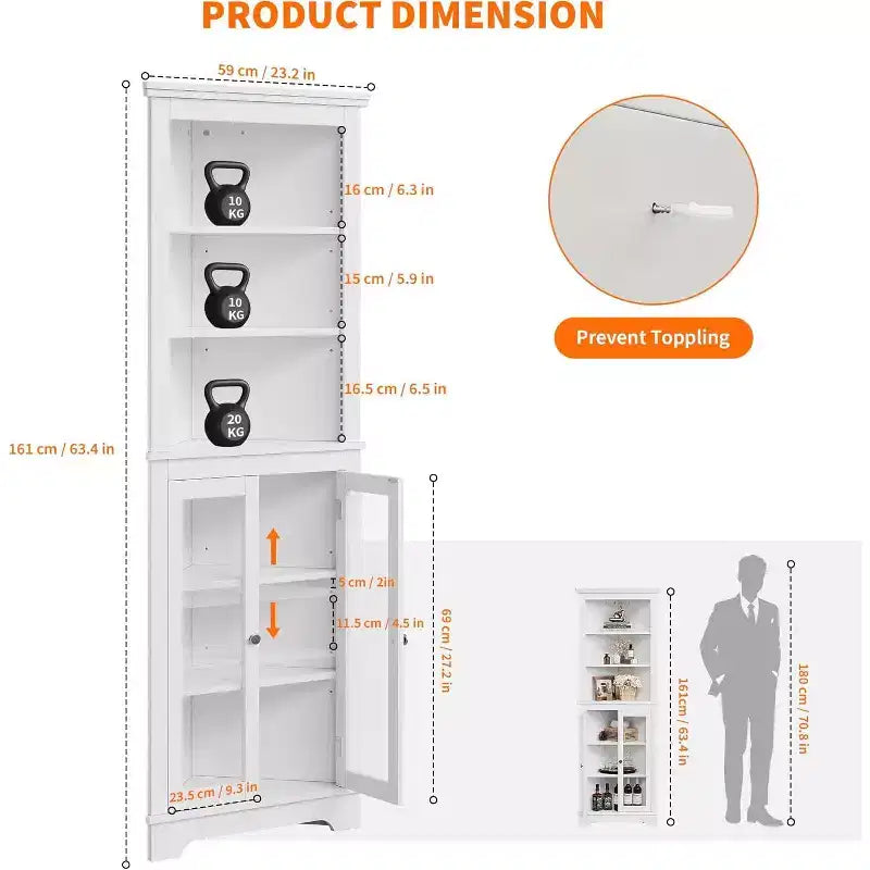 Mueble esquinero con puertas de cristal, estantes ajustables, mueble alto de almacenamiento independiente para baño y cocina, para espacios pequeños, organizador moderno blanco