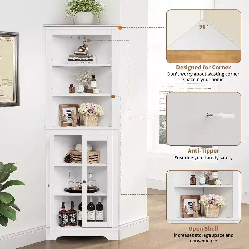 Mueble esquinero con puertas de cristal, estantes ajustables, mueble alto de almacenamiento independiente para baño y cocina, para espacios pequeños, organizador moderno blanco