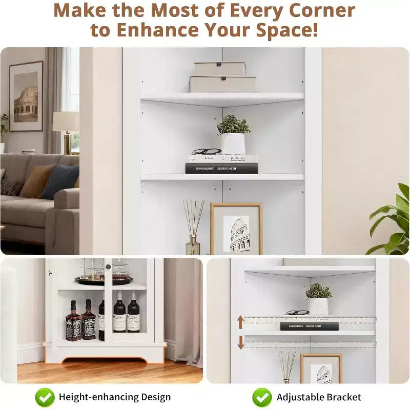 Mueble esquinero con puertas de cristal, estantes ajustables, mueble alto de almacenamiento independiente para baño y cocina, para espacios pequeños, organizador moderno blanco