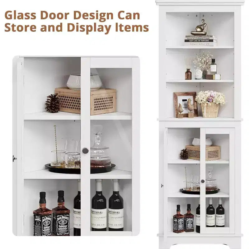 Mueble esquinero con puertas de cristal, estantes ajustables, mueble alto de almacenamiento independiente para baño y cocina, para espacios pequeños, organizador moderno blanco