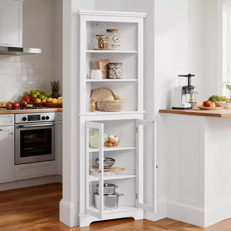 Mueble esquinero con puertas de cristal, estantes ajustables, mueble alto de almacenamiento independiente para baño y cocina, para espacios pequeños, organizador moderno blanco