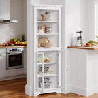 Mueble esquinero con puertas de cristal, estantes ajustables, mueble alto de almacenamiento independiente para baño y cocina, para espacios pequeños, organizador moderno blanco