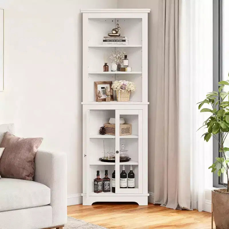 Mueble esquinero con puertas de cristal, estantes ajustables, mueble alto de almacenamiento independiente para baño y cocina, para espacios pequeños, organizador moderno blanco